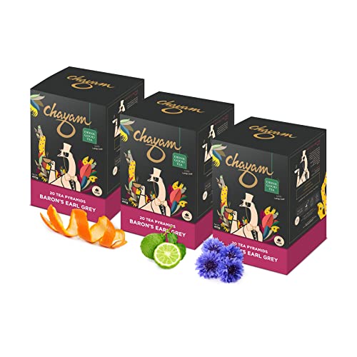 Image of CHAYAM Baron's Earl Grey Tea Bags with Citrusy Orange Peel & Blue Corn Flower | 20 Tea Bags, Pack of 3 | 100% Natural Bergamot Oil | Whole Leaf Assam Orthodox Black Tea | Make Hot or Iced Tea