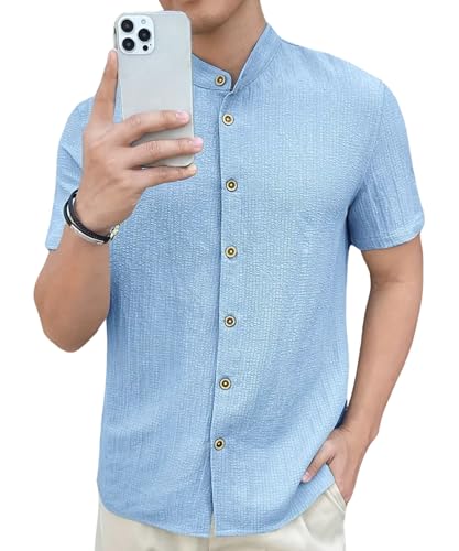 Image of Men's Solid Textured Half Sleeve Shirt with Stylish Buttons | Band Collar Casual Shirt for Summer Wear
