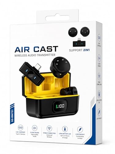 Image of Air Cast SG-RM731 Wireless Microphone, 10Hr Battery 2.4G, 2-in-1 Type-C Receiver, ANC, No Delay, Lossless Audio, Digital Display, with Charging Case