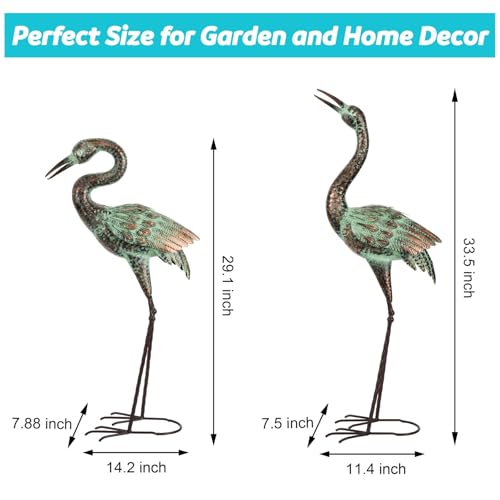 Shorayn Garden Crane Statues, Blue Heron Sculptures for Outdoor, Cranes Decor Metal Bird, Patina Garden Art Lawn Ornaments for Yard Patio Porch Outside Decorations