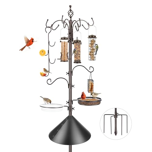 Bird Feeding Station Kit with Squirrel Baffle Bird Feeder Pole with Suet Cage Mesh Tray Fruit Hook Double W Hook for Attracting Wild Birds and Hanging Planter Hanger Lights