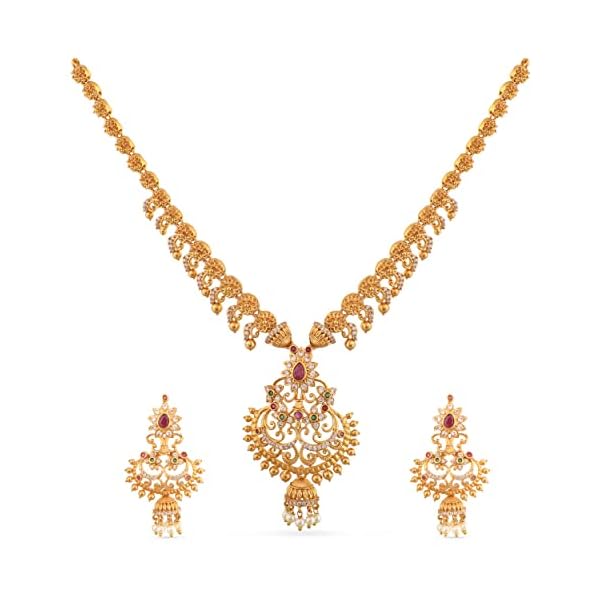 TARINIKA Antique Gold Plated Anjali Short Necklace Set with Floral Design - Jewelry Set for Women Perfect for Ethnic occasion | Traditional Jewellery For Women