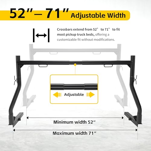 Image of MaxxHaul Adjustable Steel Truck Ladder Rack 500 lb Capacity 52 inch to 71 inch Width No Drill Clamp On J-Bolt Mount Heavy-Duty Rack with Tie Down Anchors for Ladders Lumber Kayaks and Cargo Transport (50241)