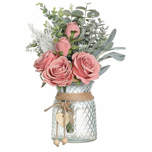 Arreglo de rosas falsas con jarrón de cristal Topiky para decoración del hogar 6