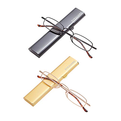 EYEGUARD Gafas de lectura delgadas, 2 pares de mini lectores compactos Superlight de bolsillo de metal con fundas portátiles para hombres y mujeres (+2.50 aumentos) Cover