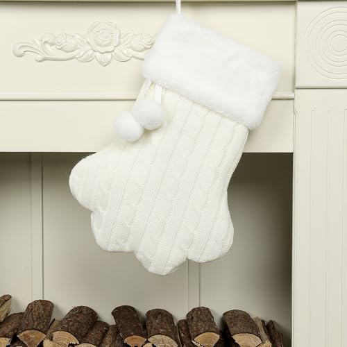 E-FirstFeeling Knit Pet Christmas Stockings with Faux Fur Cuff Dog Paw Christmas Stocking Large Knitted Christmas Stockings for Dogs Cats Hanging Stockings Holiday Decor (Paw Plush Ball, White)
