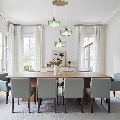 Image of Vintage Farmhouse Mint Green Ribbed Glass Pendant Light, Gold 3-Light Hanging Lamp for Kitchen Island Dining Room Breakfast Nook Pantry