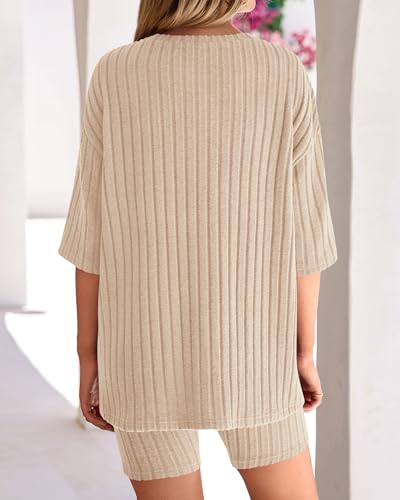 Image of KIRUNDO Short Sets For Women Summer 2 Piece Matching Lounge Sets Casual Rib Knit Tshirts Biker Shorts Beach Vacation Outfits