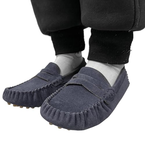 Battle Men Penny Loafers for Little Kids Square Moc Toe Stiching Slip on Faux Suede Flexiable Rubber Sole Flat Heel Toddler's Moccasins One Size Smaller (Color : Blue, Size : 13.5 M US Little Kid)