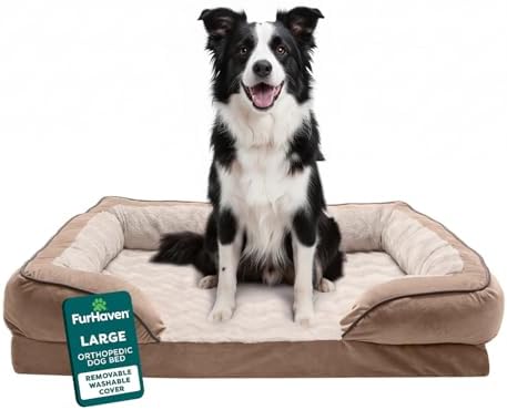 Furhaven Orthopedic Dog Bed for Large/Medium Dogs w/Removable Bolsters & Washable Cover, for Dogs Up to 55 lbs - Plush & Velvet Waves Perfect Comfort Sofa - Brownstone, Large