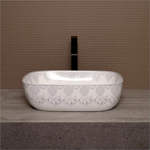 Image of Archstone Wash Basin for Bathroom - 1 Year Warranty -Tabletop Washbasin - Ceramic Glossy Rectangle Designer Moroccan Countertop Vessel Sink, Dining Hall & Vanity 33x45x14.5 cm (Grey Moroccan)