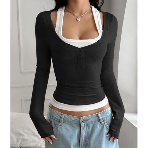 Women Y2k Scoop Neck Button Up Henley T Shirt Trendy Slim Fit Long Sleeve Fake Two Piece Contrast Color Crop Top4