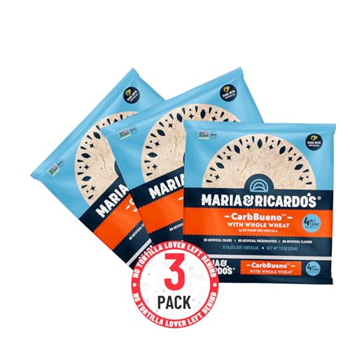 Low Carb Tortillas Maria & Ricardo\'s Whole Wheat Plus (3 Pack) 4 Net Carbs, High Fiber, 3g Protein. Low Carb Tortillas. Non GMO PV, Vegan. Kosher.