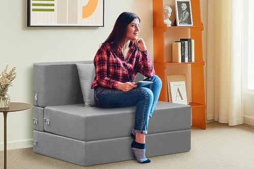 Image of Easy Foldable One Person Sofa Cum Bed Jute Fabric Washable Cover- Including One Cushion- Size 3' X 6' Ft (Grey Color) Perfect for Home & Office for Guests