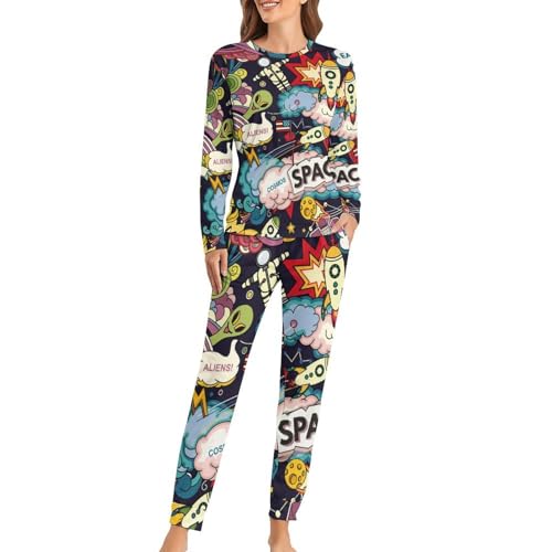 Pyjama femme Planète Alien Rocket ensemble t-shirt manches longues respirant