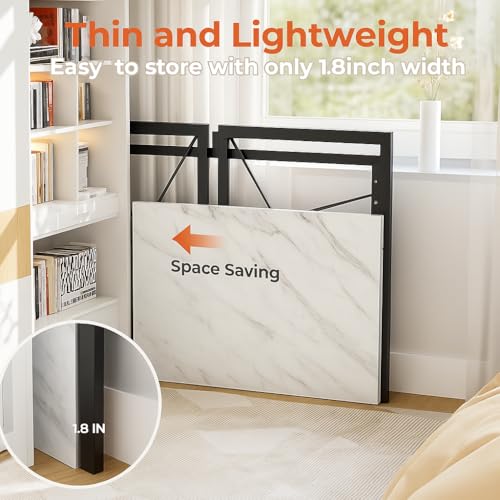 Image of STOREDGE Folding Study Desk | 8-Second Foldable Computer Table for Home & Office | Space-Saving Work from Home Desk | Strong Metal Frame & Wood Brak Top | 37 inch x 19 inch /50 KGs Capacity (White Marble)