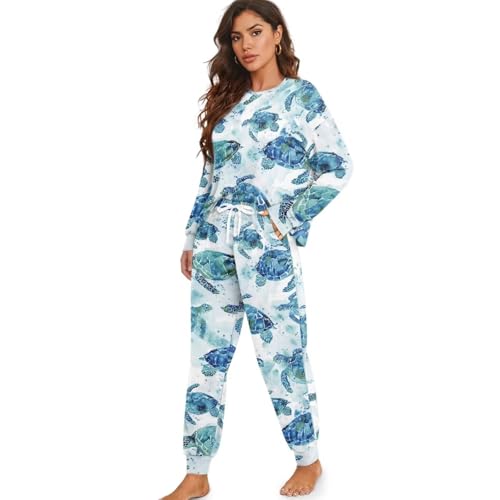 Image of Womens Lounge Set Long Sleeve Soft Pajama Sets | Casual 2 Piece Pj Outfit, Crewneck Sleepwear with Pockets, Adjustable Drawstring, Soft Comfy Fall Pajamas, Plus Size