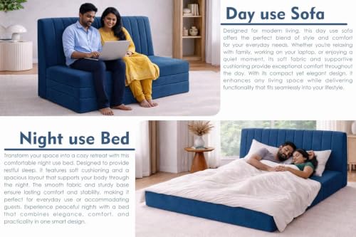Image of Rosebell -3 Seater Upholstered Armless Sofa Cum Bed with Backrest | Velvet Fabric Finish | Modern Living Room & Bedroom -Blue