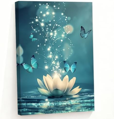 Zen Lotus Flower Canvas Wall Art – 16×24 in, Teal Framed