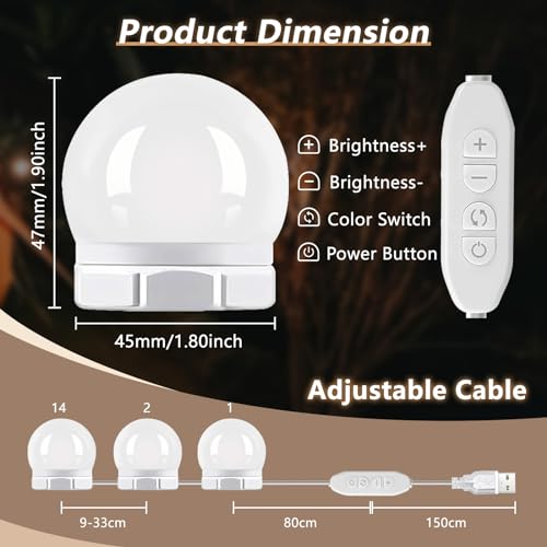 14 Bulbs Hollywood Mirror Lights with USB Cable, 3 Colours Changing & 10 Levels Brightness - Image 4