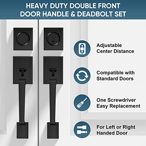 Image of TICONN Double Front Door Handle Set, Heavy Duty Square Door Lever and Single Cylinder Deadbolt Combo for Side by Side Entrance Exterior Doors (Matte Black)