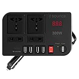 Sounce 300W Car Inverter Car Charging Adapter with Switch Car Charging Adapter with 4 USB Port, Outlet & Fuse DC 12V to 220V Car Inverter with LED Voltage Display (Black)