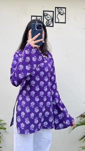 Image of Women's Rayon Printed Short Kurti | Straight Fit Casual Ethnic Top | Square Neck Full Sleeve Ladies Kurti Office College