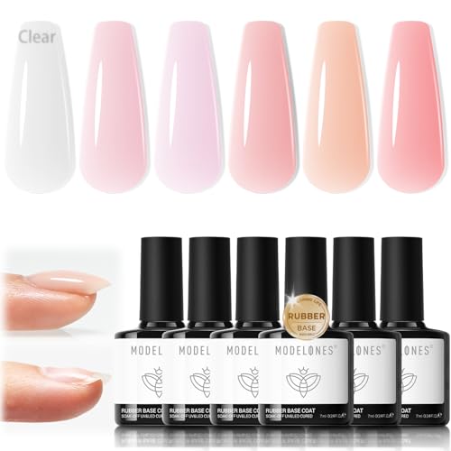 modelones Rubber Base Gel Nail Polish 6 Color Builder Clear Nude Milky Baby Pink Jelly Brown 6 in One Strengthener Apex Building Extension for Weak Nails Long Last U V French Manicure Gift for Women