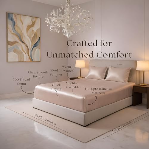 Image of Luxe Ere Elastic Fitted Satin Bedsheet King Size (78x72) with 2 Pillow Covers, Ultra-Smooth 300TC Silky Fabric, Perfect for Home Decor, Gifting & Romantic Escapes- Golden Mirage