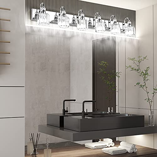 Image of Ralbay 6-Lights Stainless Steel Crystal Bathroom Vanity Lights Over Long Mirror Modern Crystal Vanity Lighting Fixtures for Bathroom