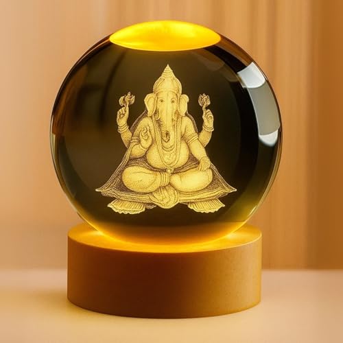 Image of One94Store Ganesh & Lakshmi 3D Crystal Night Lamp Set | USB LED Light with Wooden Base | Spiritual Home & Temple Decor | Festive Gift for Diwali, Housewarming & Puja (Combo)