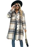 PUWEI Women's Long Flannel Plaid Jacket Shacket Cozy Lapel Button Down Shirt Jacket Fuzzy Trench Coa
