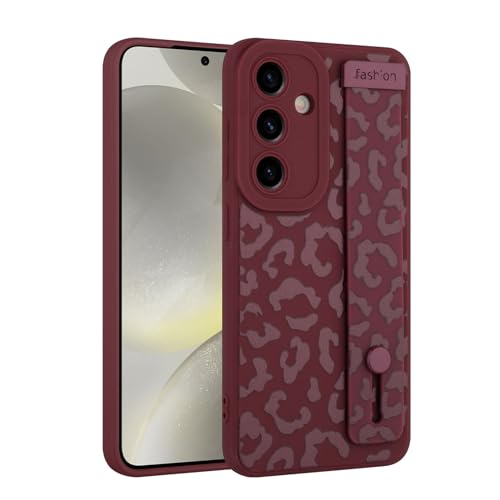 Image of Compatible with Samsung Galaxy S24 Case with Strap Wrist Wine Red | Cheetah Print Shockproof Soft TPU Protective Cover for Women Girls, Slim Anti Scratch Case 6.2 Inch, Wine Red