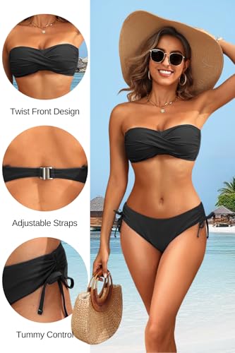 Image of Women's Strapless Bandeau Bikini Set - Twist Front Two Piece Swimsuit Top with Side Tie Bathing Suit Bottom