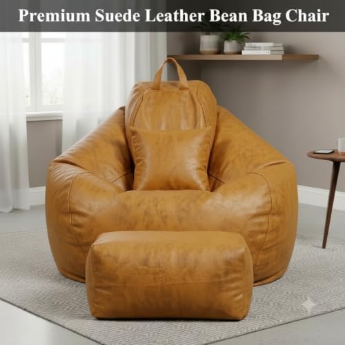 Image of KAM'S LIEU 4XL Suede Bean Bag Chair with Footrest & Cushion | Filled with High Density Polystyrene Beans | Premium Soft Fabric | Teardrop Design with Handle | Ready to Use Color- (Yellow, Bean Bag)