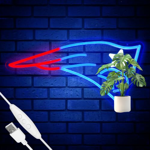 New England Football Team Neon Sign Cool Dimmable Light Up Football Team Logo Hanging USB Powered for Wall Decor Man Cave Bedroom Game Room Deco Birthday Christmas Merch Gift for Boys Fans