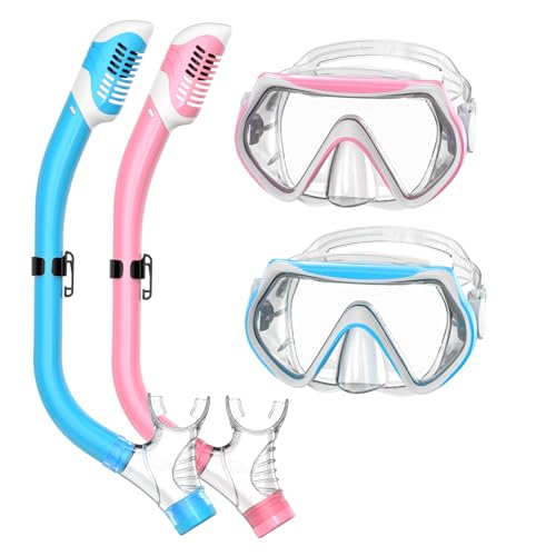 Snorkeling Gear for Kids, Kids Snorkel Set for Ages 3-14, Anti-Fog Diving Mask and Dry Top Snorkel, Blue Pink