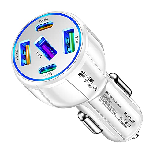 5 in 1 Car Charger Adapter,75W High Power Cigarette Lighter Adapter,QC3.0/PD Super Fast Charging Car Phone Charger Compatible with iPhone 14 13,iPad Pro& More Mobil Phone (3USB/2PD White)