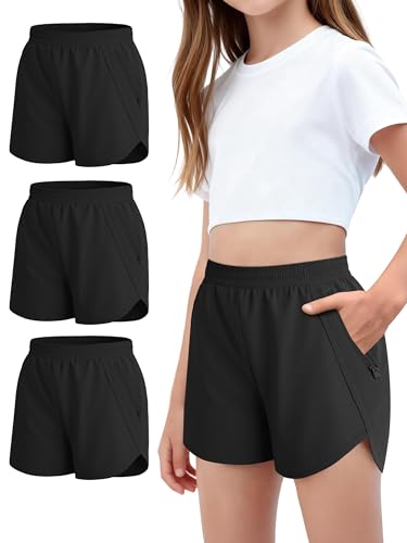 Resinta 3 Pack Girls Athletic Shorts High Waisted Quick Dry Running Shorts with Zipper Pockets Sports Active Shorts for Kids Black