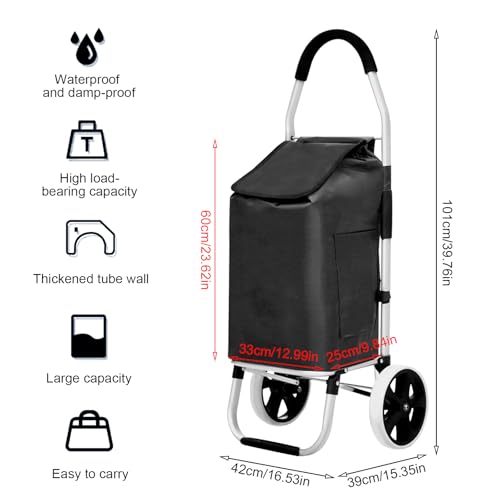 Einkaufstrolley,55L Einkaufswagen Klappbar mit 2 Räder und Wasserdichter Abnehmbarer Einkaufstasche Tragfähigkeit 50kg Aluminium Rahmen Trolley für Einkaufen oder Transportieren von Waren (Schwarz) – Bild 3