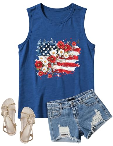 Image of 4th of July Floral American Flag Tank Top for Women Patriotic Sleeveless Apparel