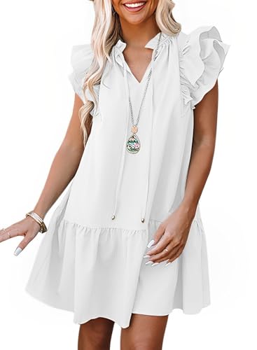 Image of Dokotoo Womens Summer Dresses 2026 V-Neck Drawstring Ruffle Cap Short Sleeve Side Pockets Mini Dress Sundress