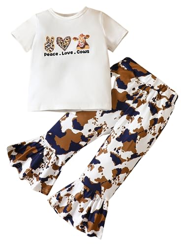 Image of Toddler Girl Cow Bell Outfits - Print T-shirt Flare Pants Bottom Short Sleeve Peace Love Letter Top Tie Dye Clothes