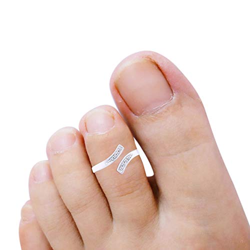 Round White Natural Diamond Accent 14K White Gold Over Sterling Silver Adjustable Bypass Toe Ring Jewelry For Womens #TOP5