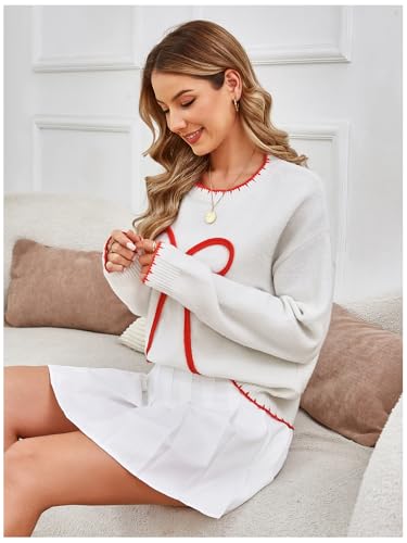 Image of RoseSeek Women's 3D Floral Appliques Crewneck Sweaters Long Sleeve Drop Shoulder Pullovers Elegant Knit Tops