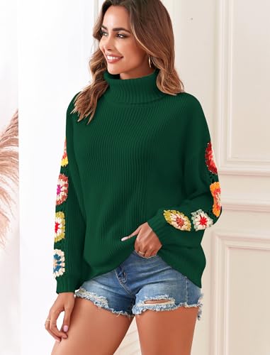 Image of ZAFUL Flower Crochet Turtleneck Sweater for Women Pullover Puff Long Sleeve Boho Knit Sweaters Trendy Knitwear Tops