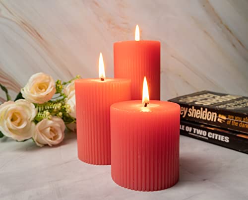 Image of Floryn Decor Paraffin Wax Ribbed Scented Pillar Candles, Set of 3, Size- Full 3by3, 3by4 & 3by6 inches (English Rose)
