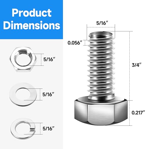 Image of (12 Sets) 5 /16 Bolt, 5 /16-18 x 3 /4 inch Hex Head Screws Nuts and Kit with 5 /16 Stainless Steel Bolts, Nuts Bolts Washers Assortment, Fully Threaded by Marysino