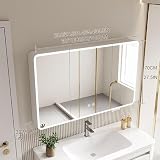 WIQUYBML Łazienkowa szafka na leki LED z inteligentnym oświetleniem, lusterko do makijażu HD, stylowy beżowy design (70 x 13 70 cm) - nowoczesne półki do przechowywania toaletki do dekoracji domu