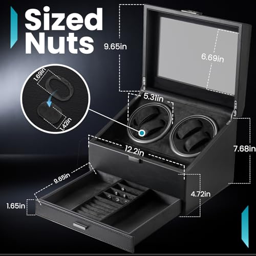 Image of J&T Technology Watch Winder for 4 Automatic Watches, Watch Winder Box with Watch Holders and Jewelry Storage, Quiet Japan-Made Motor,LED Light,Gift for Men & Women